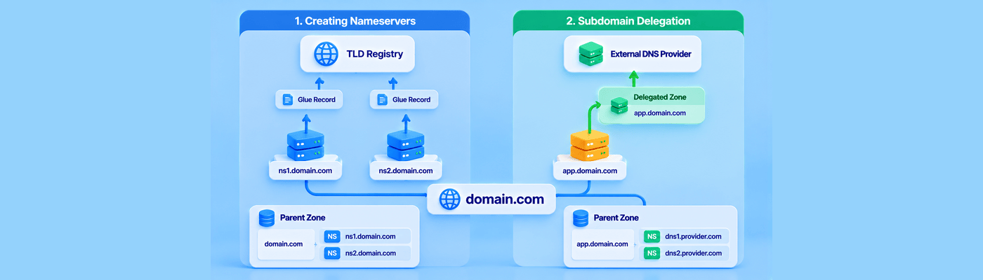Diagram comparing child nameservers registered with glue records and subdomain delegation using NS records in a parent DNS zone.