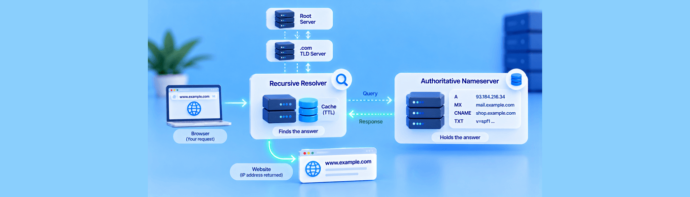 Illustration comparing a recursive DNS resolver that searches for records with an authoritative nameserver that holds the domain’s definitive DNS records.