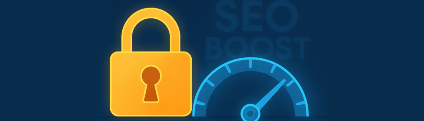 A flat 2D digital illustration featuring a glowing padlock icon placed in front of a speedometer, with the phrase "SEO Boost" subtly illuminated in the background—symbolizing the connection between website security and search engine performance.