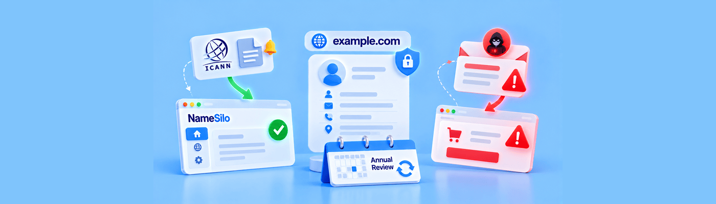 Illustration showing an annual WDRP contact-information reminder alongside a warning about fraudulent domain renewal emails.