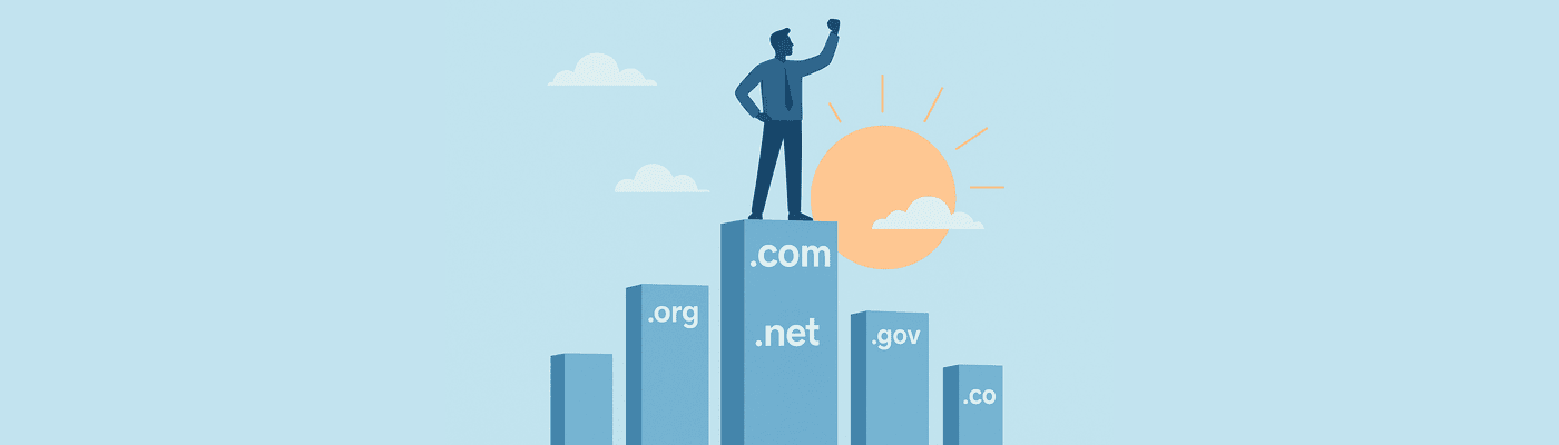 A person standing on top of a digital skyscraper made of floating domain names, symbolizing success and scale, with a rising sun in the background representing growth and opportunity.