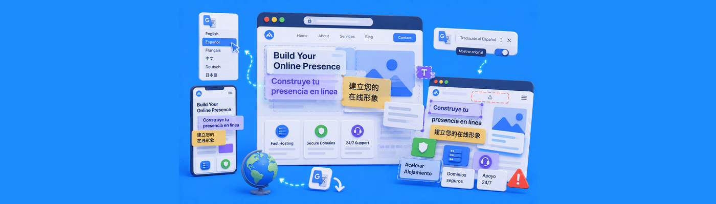 Illustration showing browser translation tools causing layout shifts, JavaScript conflicts, and interface problems on modern websites.